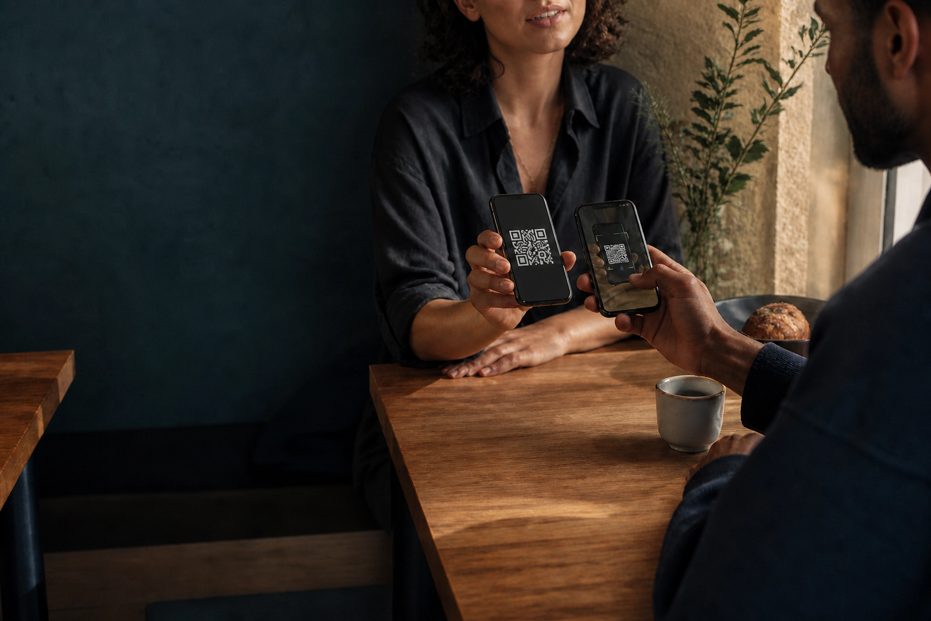 To telefoner som deler en midlertidig Hearthly QR-kode